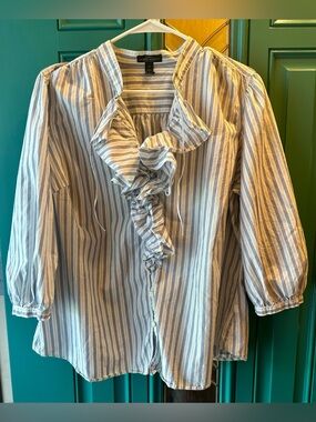 Lauren Ralph Lauren Striped Ruffle Front Blouse Blue White 3/4 Balloon Sleeve 2X
